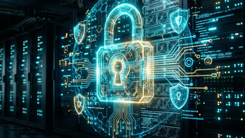 Painel de segurança da informação com escudo digital e chaves de governança de dados corporativos protegendo sistemas de IA