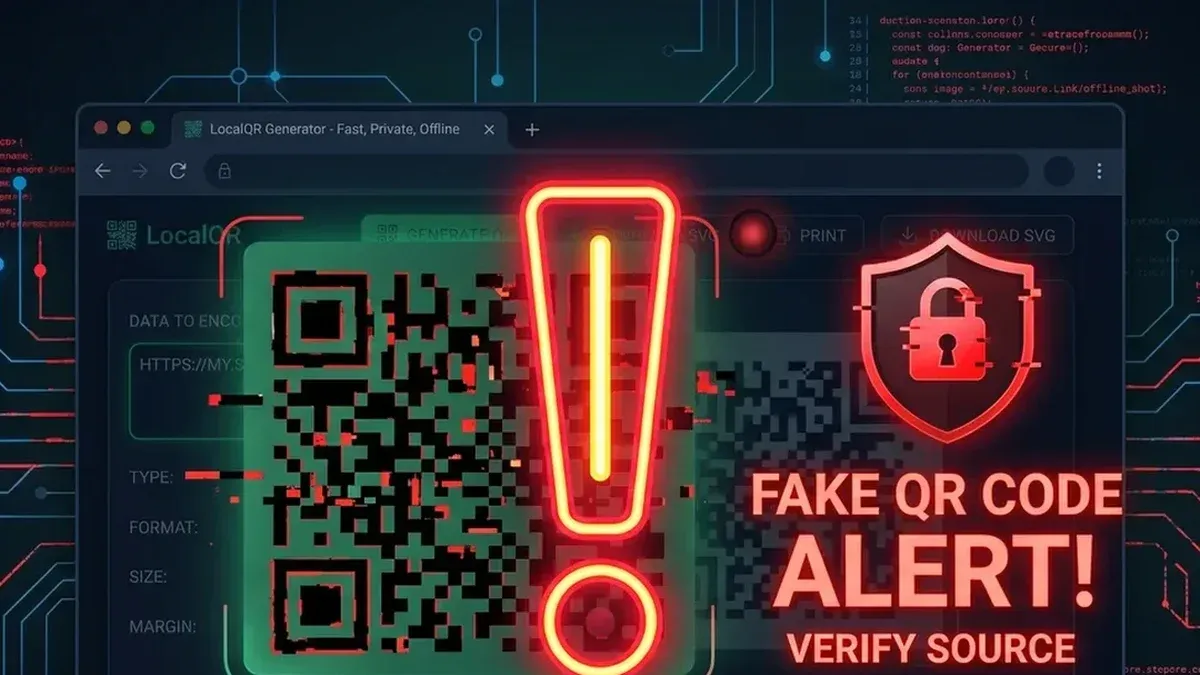 Alerta vermelho sobreposto a um código QR Code digital distorcido