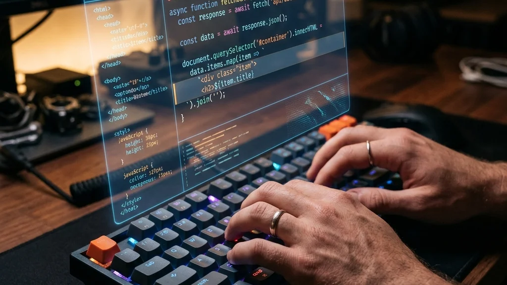 Visão aproximada de mãos digitando em um teclado com linhas de código holográficas flutuando e sendo completadas com efeitos brilhantes
