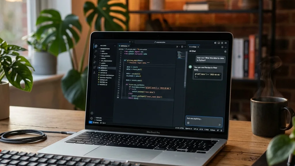 Um notebook aberto em um escritório moderno exibindo a tela do VS Code com uma barra lateral de chat inteligente respondendo a perguntas técnicas