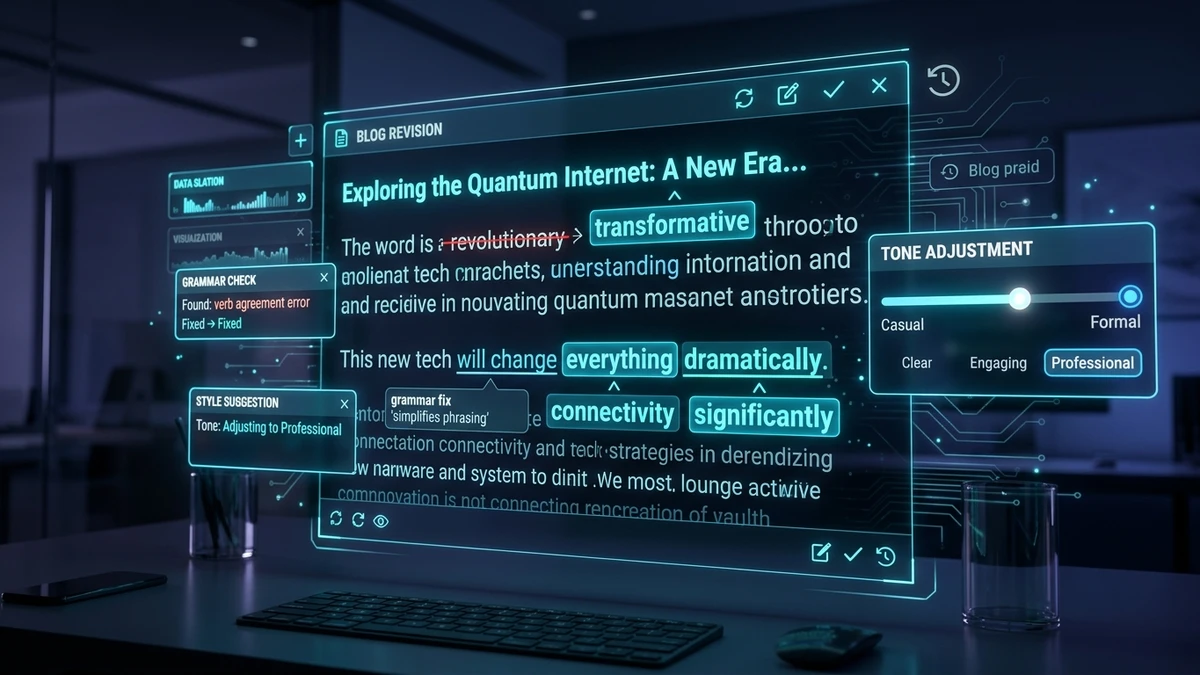 Interface holográfica demonstrando as camadas de correção textual com IA: gramática, clareza, tom de voz e coesão