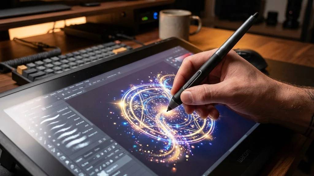 Mão segurando uma caneta digital editando uma imagem holográfica flutuante com efeitos luminosos em um ambiente de design futurista