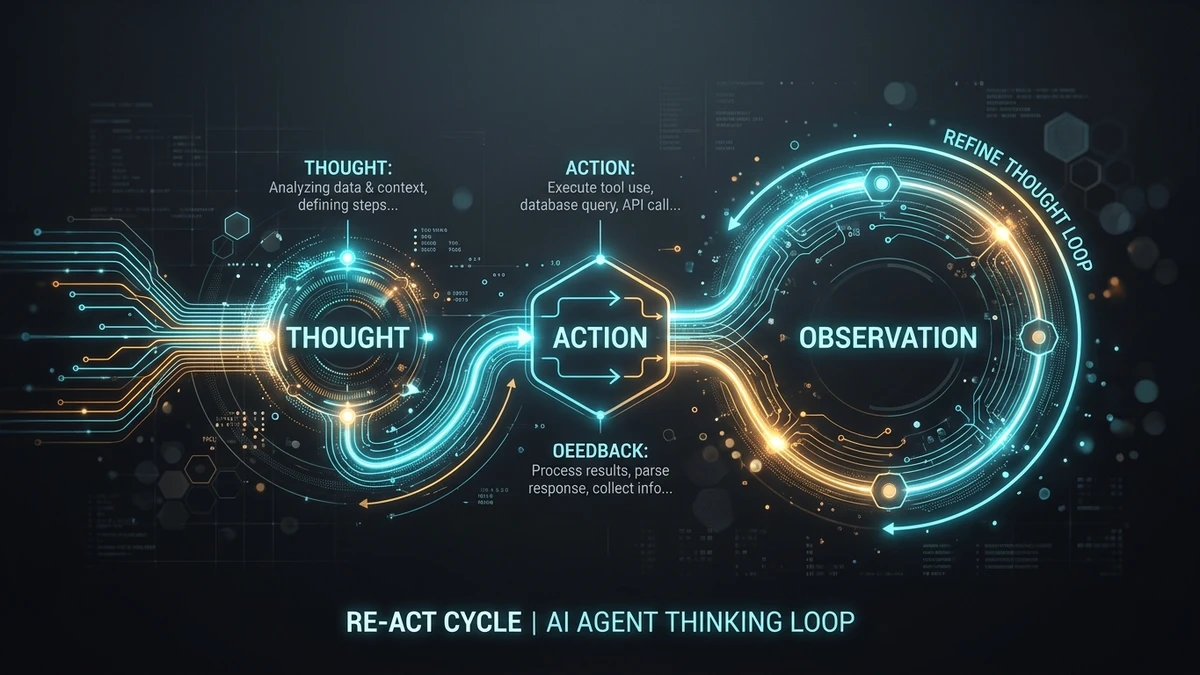 Diagrama do Ciclo ReAct para Agentes Autônomos em Python mostrando as etapas de Pensamento, Ação e Observação