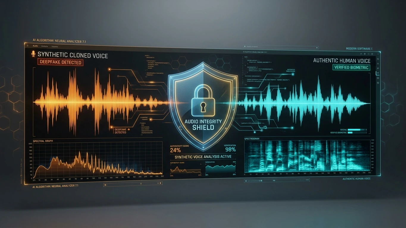 Espectro forense de ondas sonoras comparando voz sintética clonada versus voz humana autêntica com escudo de proteção digital