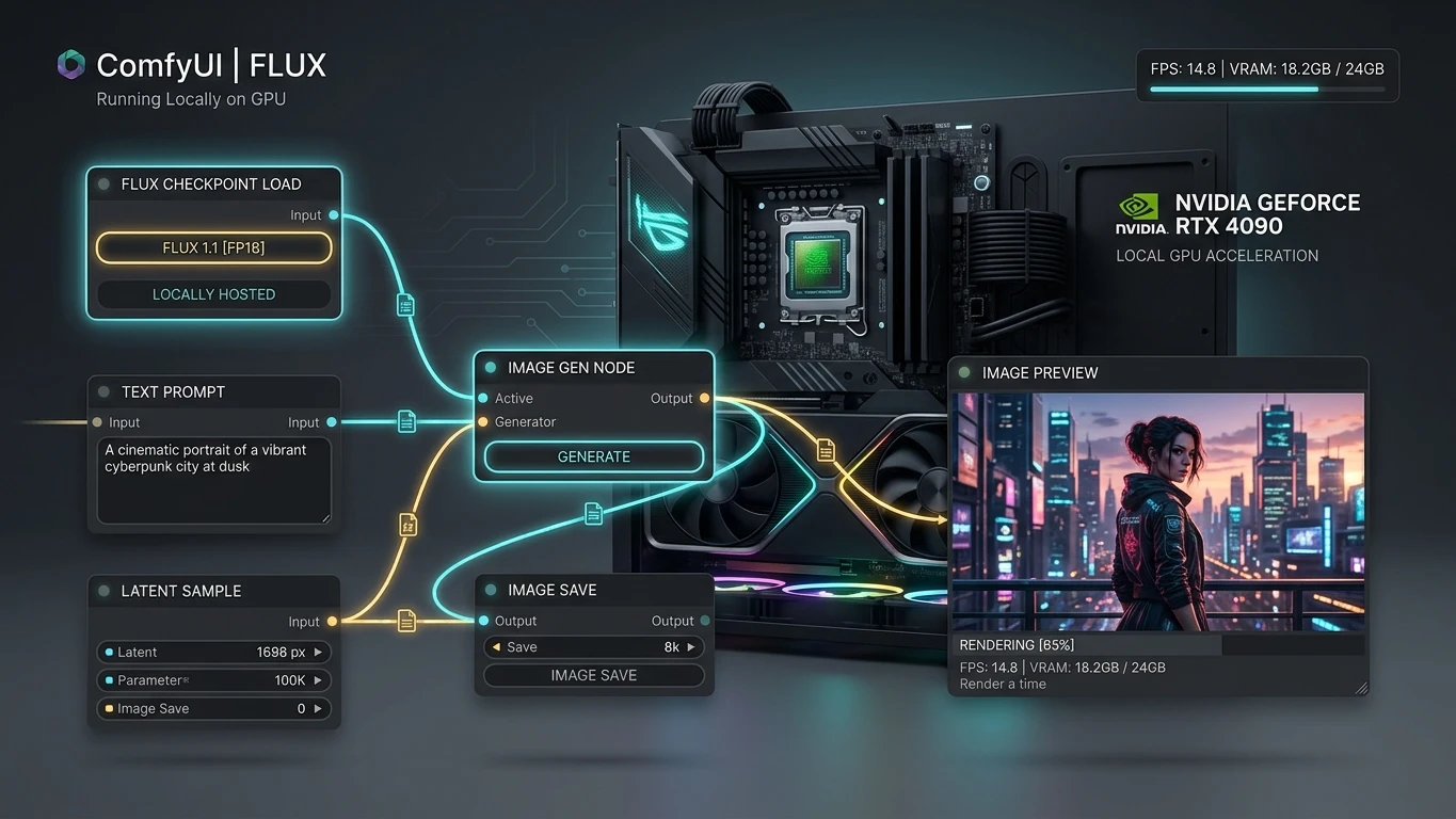 Interface de nós do ComfyUI com modelo FLUX conectado gerando render fotorrealista de retrato com aceleração local na placa de vídeo RTX
