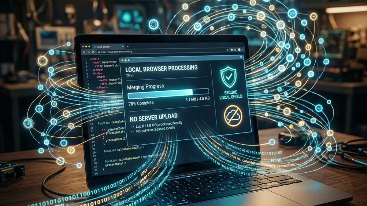 Interface conceitual de processamento de fusão e organização de arquivos PDF localmente em navegador seguro