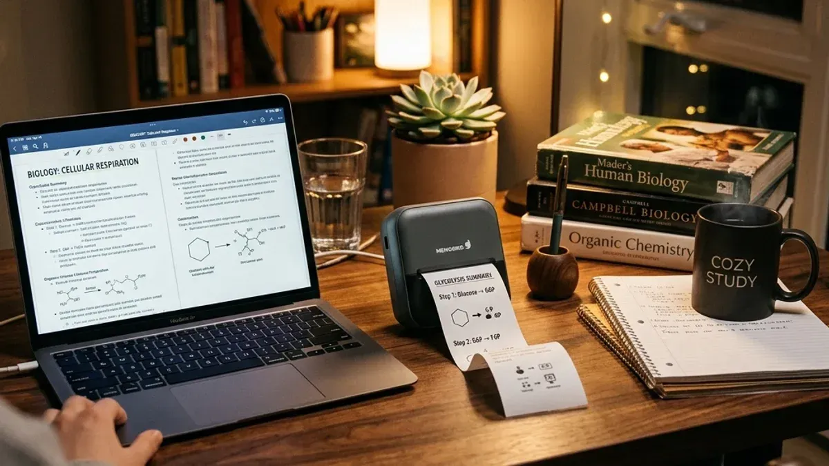 Mesa de estudos moderna e aconchegante com computador portátil e mini impressora térmica portátil imprimindo anotações