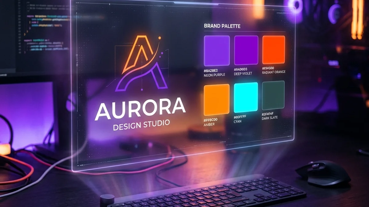 Holograma futurista flutuando exibindo uma paleta de cores e um logo minimalista em um estúdio escuro