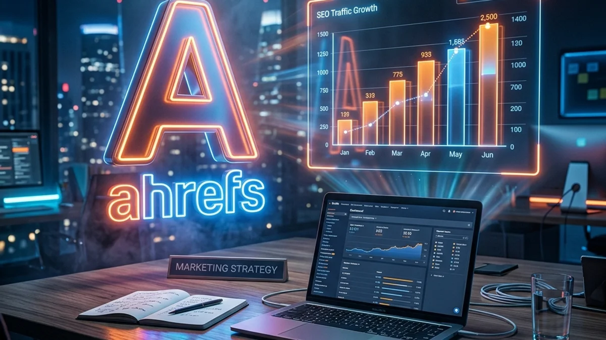 Logo 3D do Ahrefs e gráficos holográficos em uma mesa de marketing