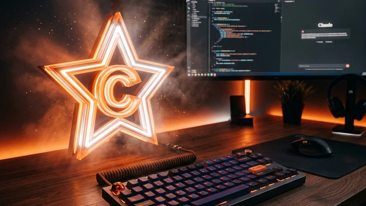 Logo 3D do Claude próximo a um teclado mecânico na mesa do redator