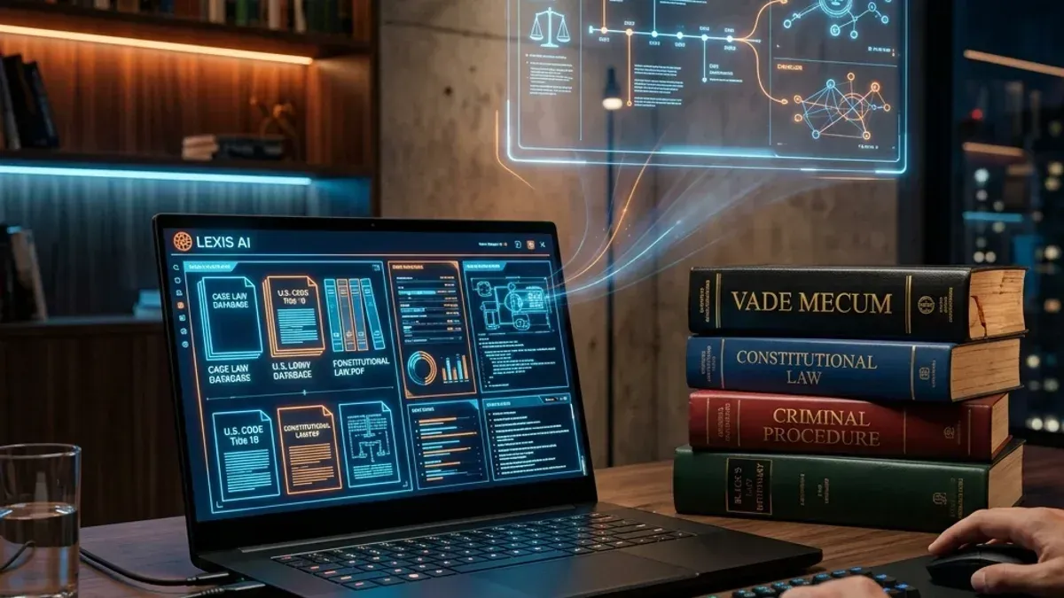 Mesa de estudos moderna com livros de direito e interface holográfica de IA processando textos