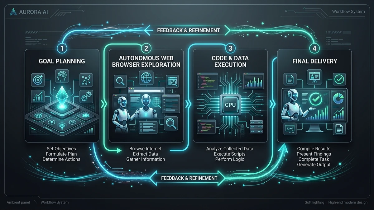 Diagrama do ciclo de funcionamento de um agente autônomo de inteligência artificial