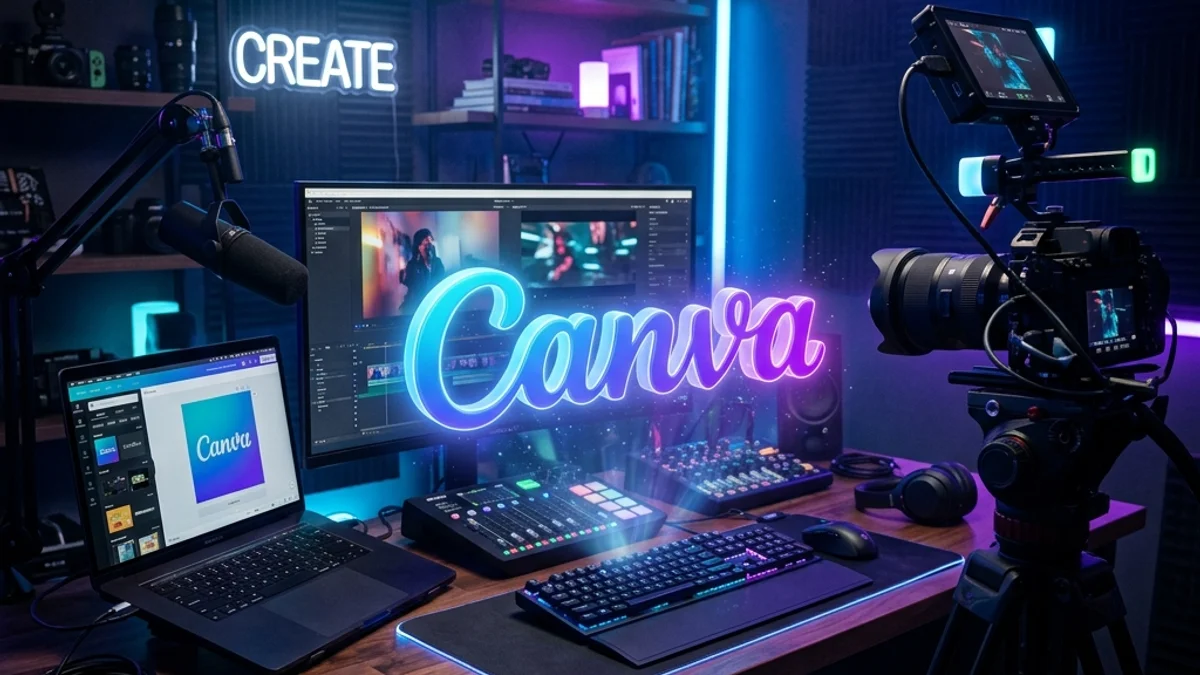 Logo 3D do Canva Magic Studio em uma mesa de criador de conteúdo