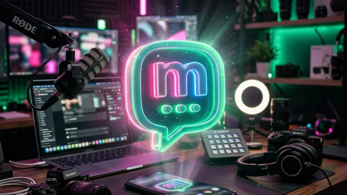 Logo 3D do Manychat em uma mesa com smartphone, focado em automação