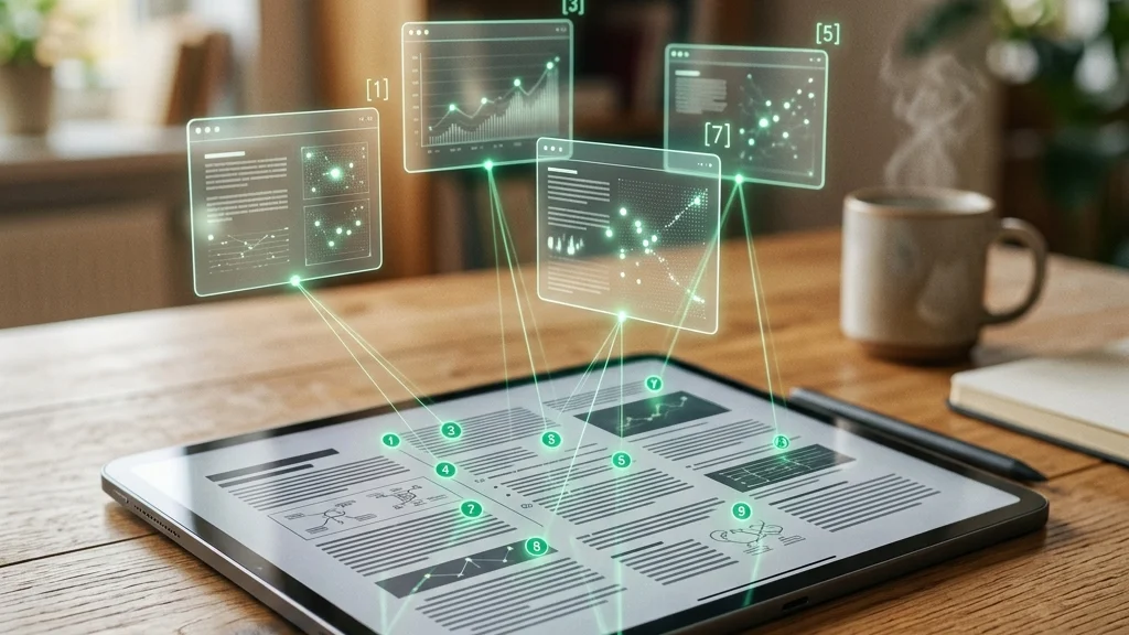 Interface de tablet exibindo pesquisa sintetizada do Perplexity AI com citações indexadas em ambiente de escritório
