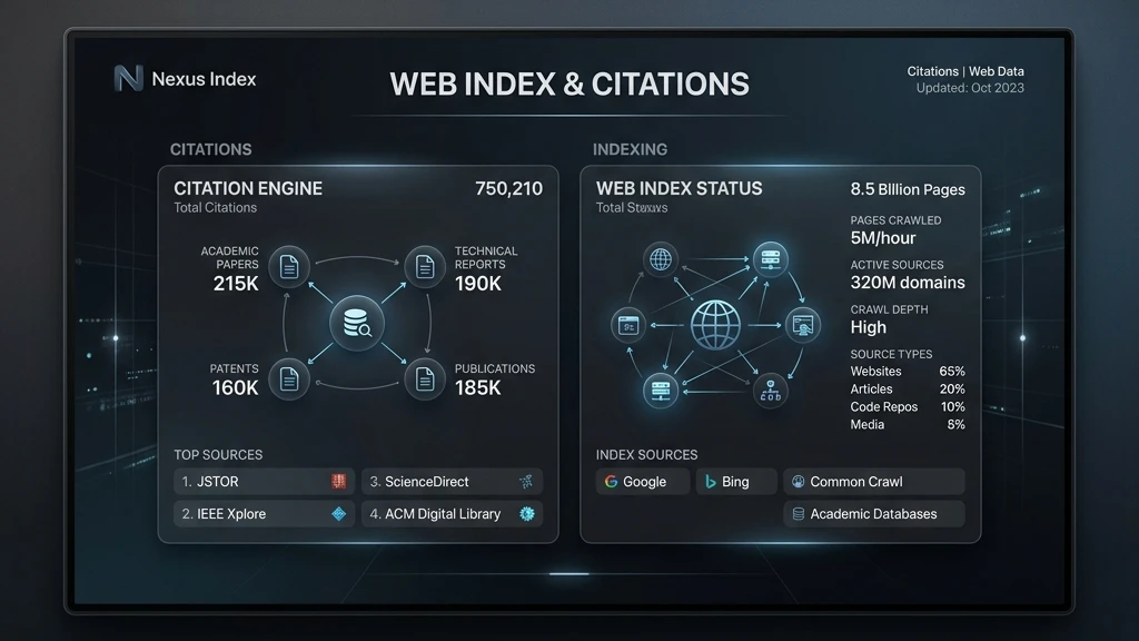 Símbolo minimalista de motor de busca inteligente com citações e indexação web em fundo escuro estilo tech