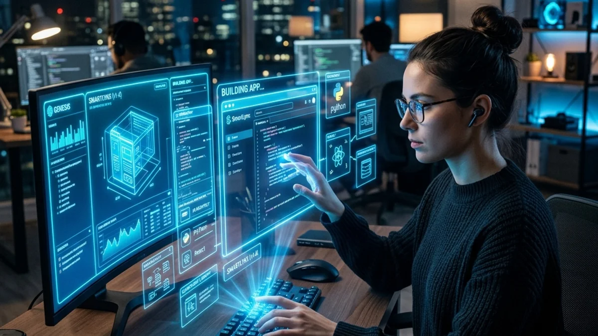 Pessoa utilizando um assistente de IA em um monitor futurista para criar um aplicativo