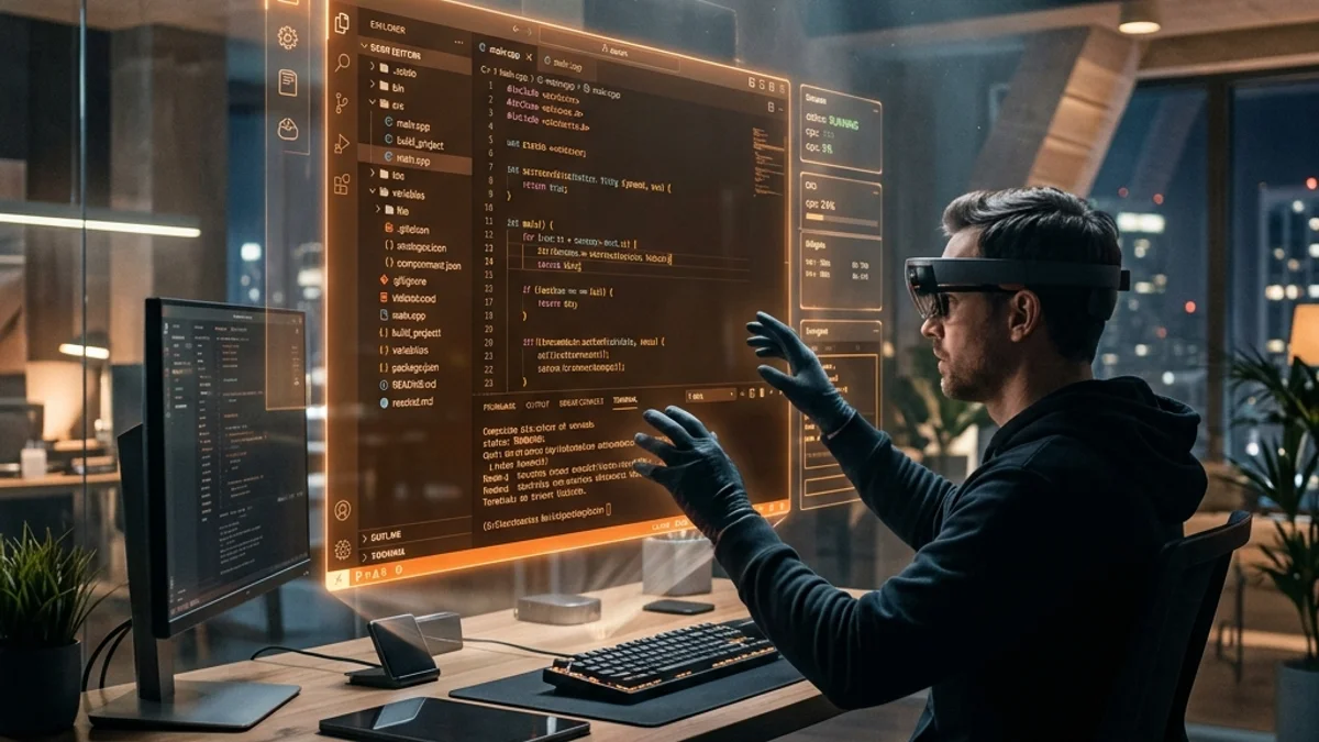 Editor de código super avançado flutuando em realidade aumentada com interface futurista