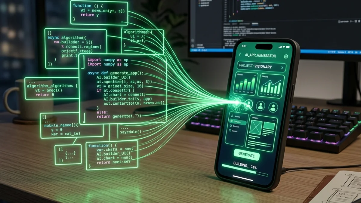 Aplicativo mobile sendo gerado por inteligência artificial em cima de uma mesa de trabalho moderna