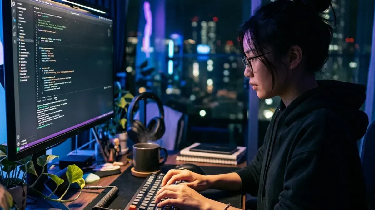 Pessoa digitando em teclado mecânico sob iluminação neon