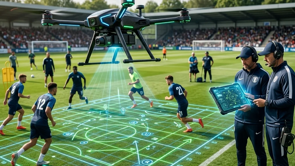 Drone capturando imagens táticas aéreas em campo de futebol com inteligência artificial holográfica