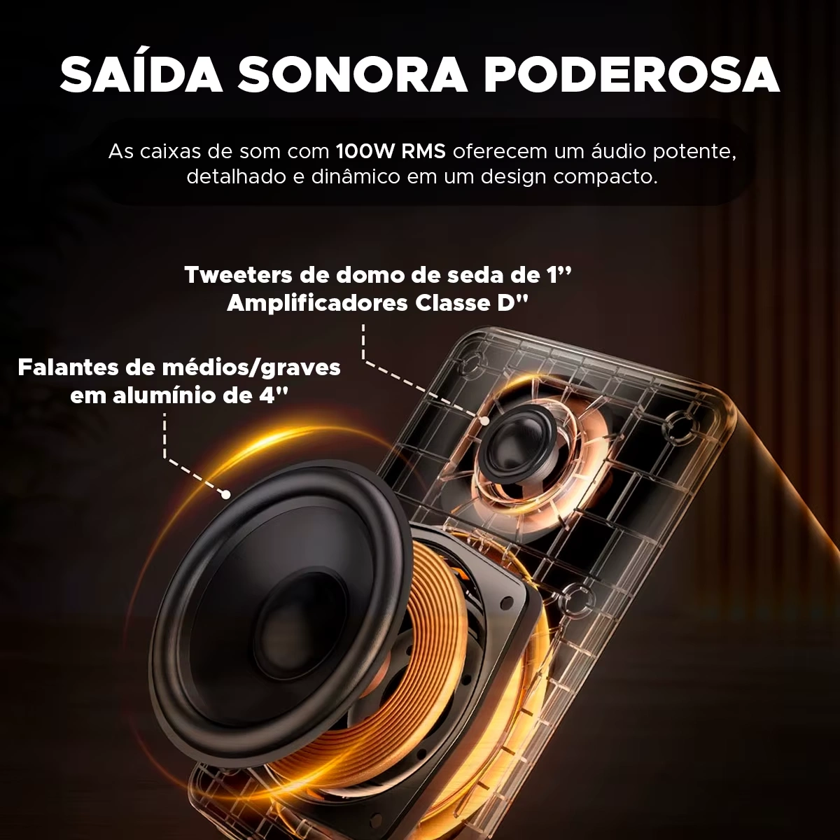 Diagrama transparente revelando o tweeter de seda de 1 polegada, o woofer de alumínio de 4 polegadas e os circuitos de amplificação Classe D da Edifier M90
