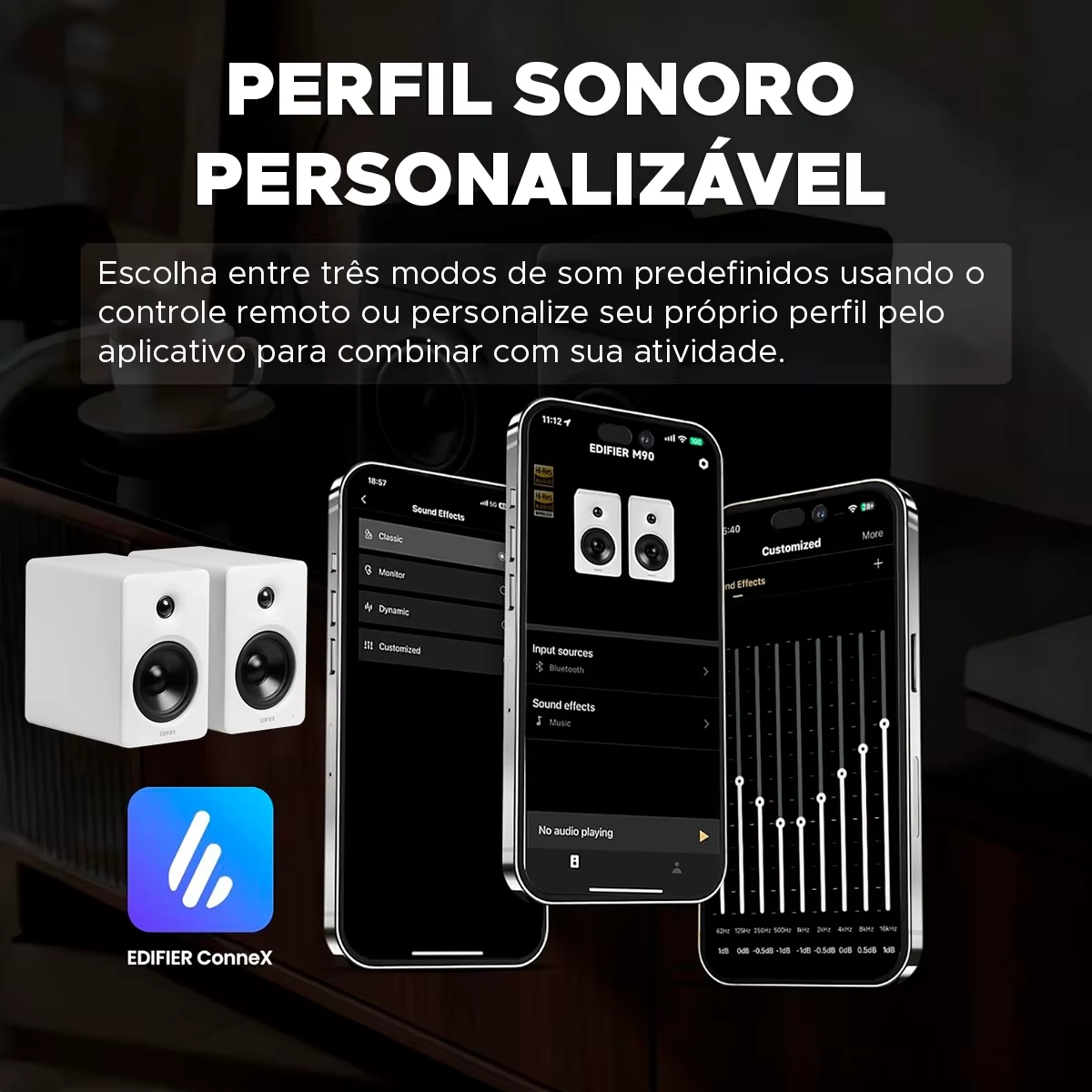 Interface do aplicativo para celular Edifier ConneX exibindo seleção de entradas e equalizador gráfico de 9 bandas