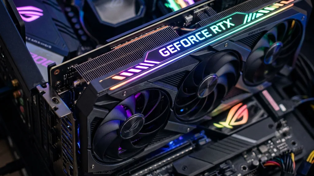 Close-up de uma placa de vídeo moderna com iluminação RGB sutil instalada em uma placa-mãe de alta performance de computador desktop