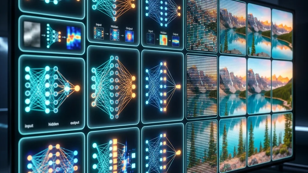 Interface digital futurista mostrando grades e estruturas moleculares de redes neurais conectadas durante o processamento de imagens