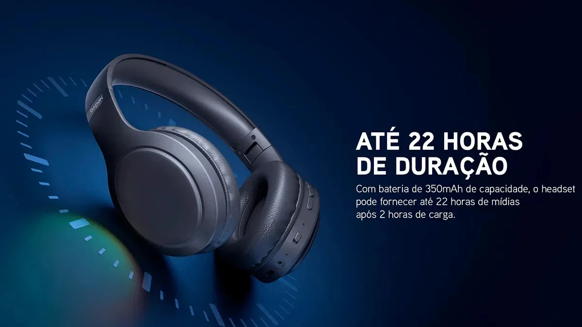 Demonstração gráfica da bateria de 22 horas e conectividade Bluetooth 5.1 do Dapon H02D