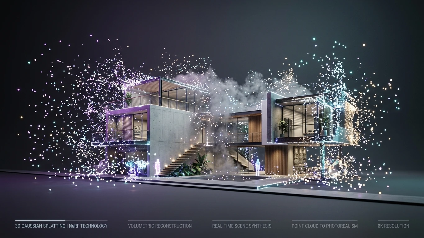 Visualização artística de reconstrução 3D usando Gaussian Splatting e NeRF com nuvens de pontos luminosos formando um ambiente arquitetônico fotorrealista