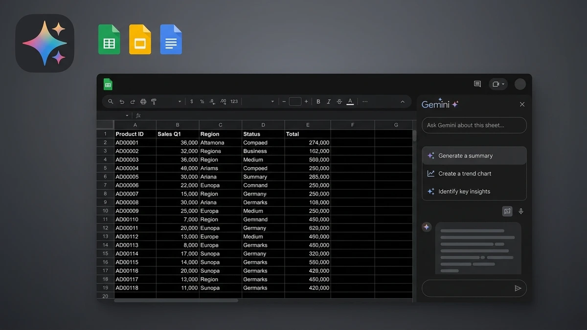 Interface do Google Sheets com barra lateral do Gemini IA gerando resumos e gráficos automaticamente