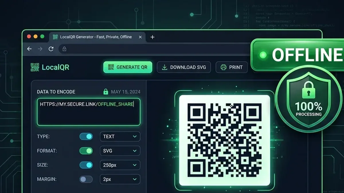 Navegador web gerando QR Code estático localmente sem conexão de rede