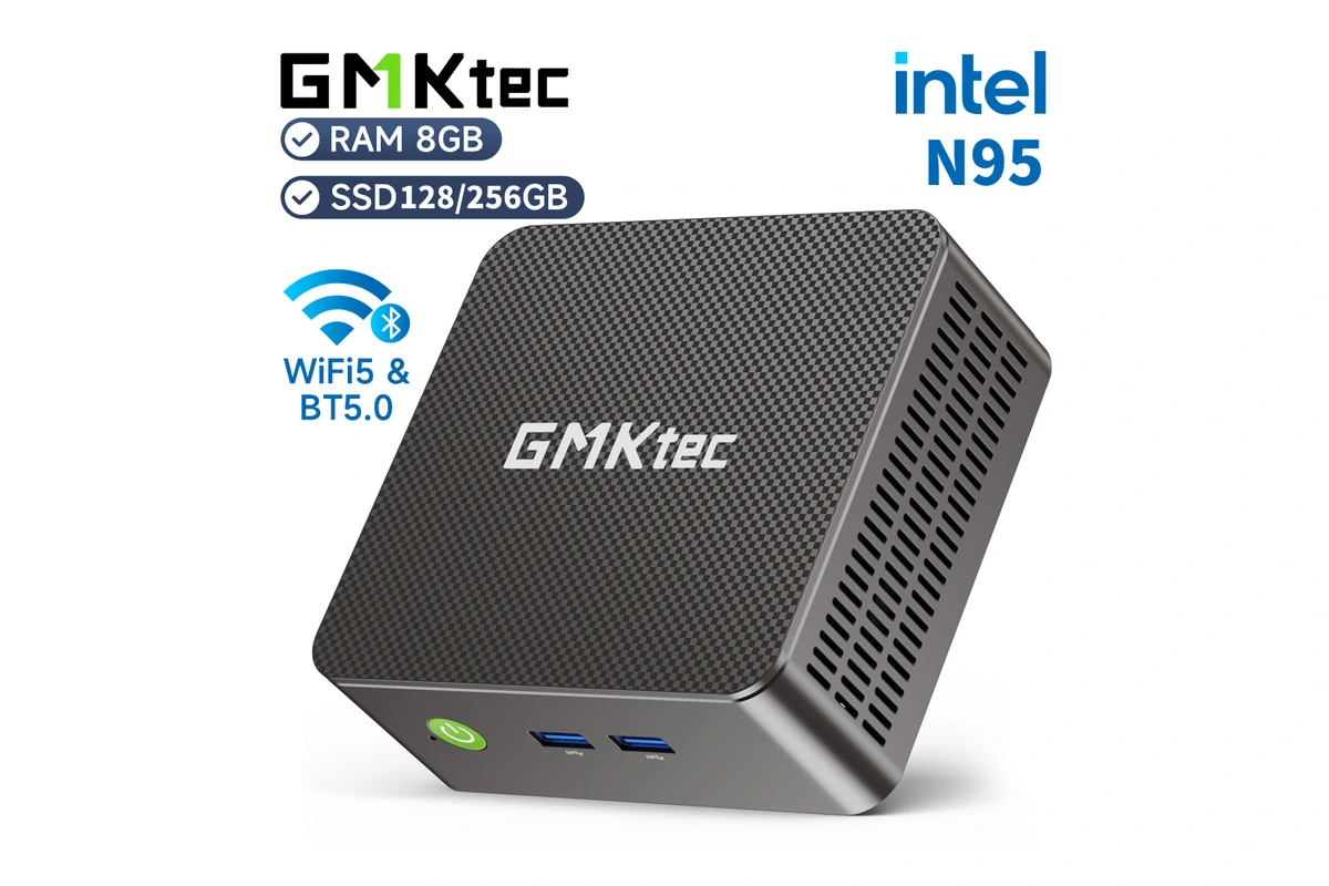 Visão frontal e superior do GMKtec G3 Mini PC