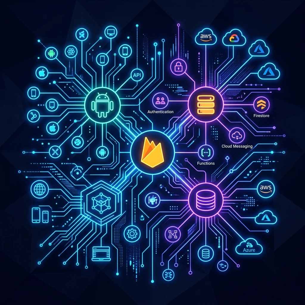 Visualização abstrata de fluxos de conexões entre ferramentas como Android Studio, Firebase e agentes na nuvem