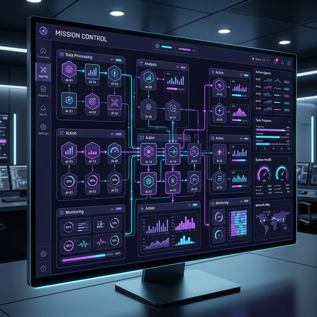 Interface conceitual de Mission Control exibindo orquestração de múltiplos agentes de IA trabalhando em paralelo