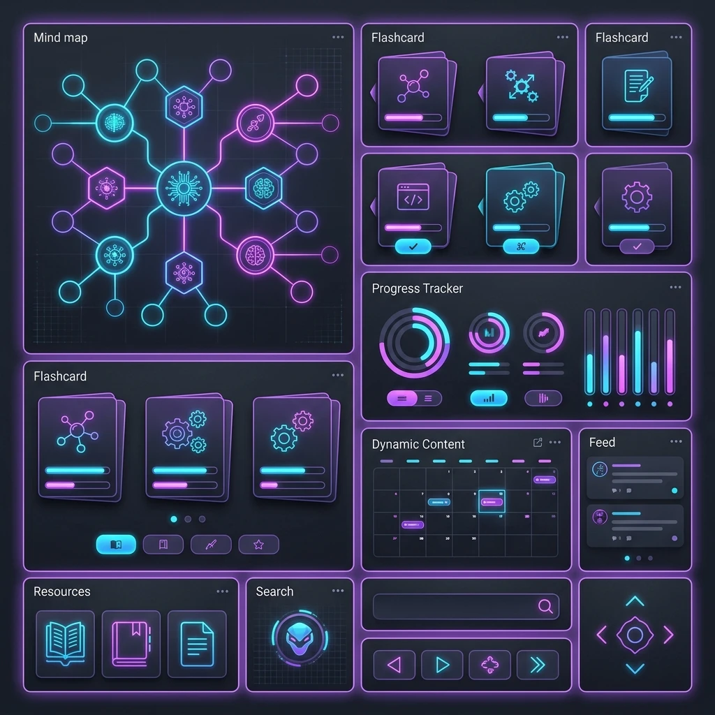 Mockup de um painel de estudos digital mostrando Bento Grid com blocos de mind maps e flashcards integrados