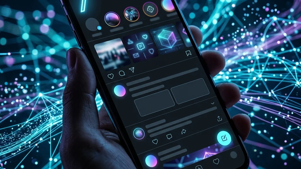 Uma mão segurando um smartphone com tela preta exibindo gráficos dinâmicos de dados em tempo real fluindo por conexões brilhantes