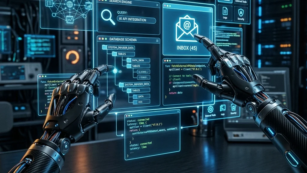 Painel de controle tecnológico representando a gestão de ferramentas e APIs no AI Harness Engine