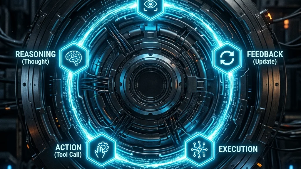 Diagrama futurista do ciclo de raciocínio ReAct (Pensar, Agir, Observar) sendo orquestrado pelo Harness