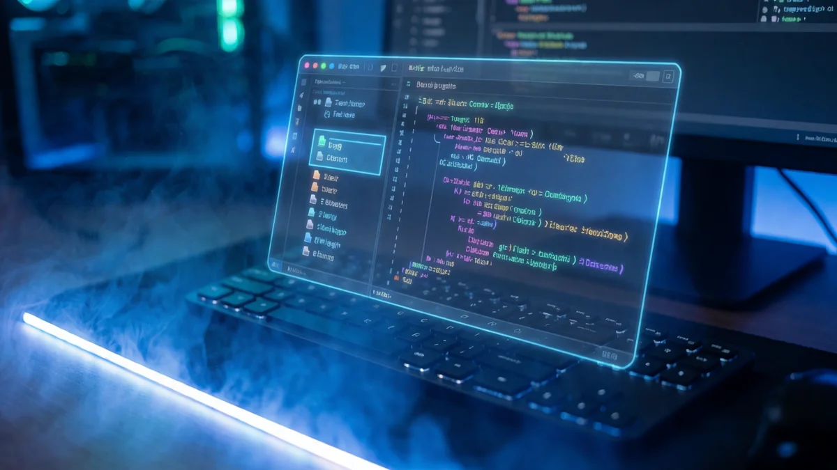 Interface de um editor de código moderno com sugestões de inteligência artificial flutuando em tons azuis e ciano, mostrando linhas de código sendo autocompletadas em tempo real