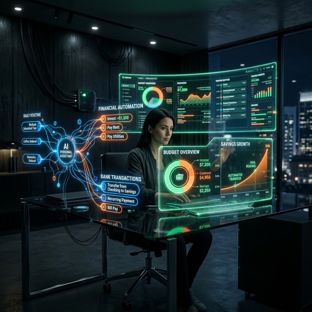 IA automatizando finanças pessoais e rotinas diárias com visualização de dados e fluxos