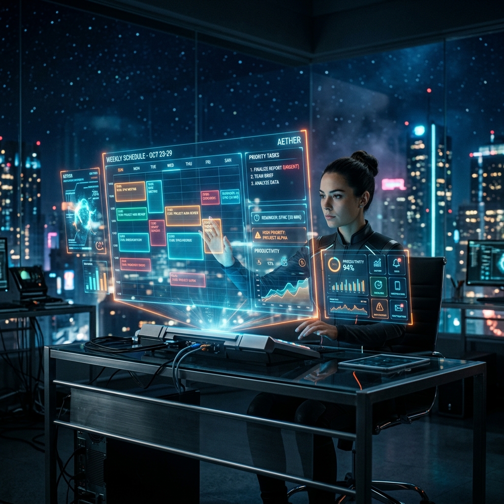 IA gerenciando agenda e tarefas do dia a dia com interface holográfica
