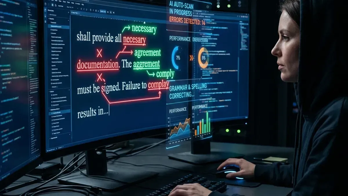 Interface de IA corrigindo texto com holografias