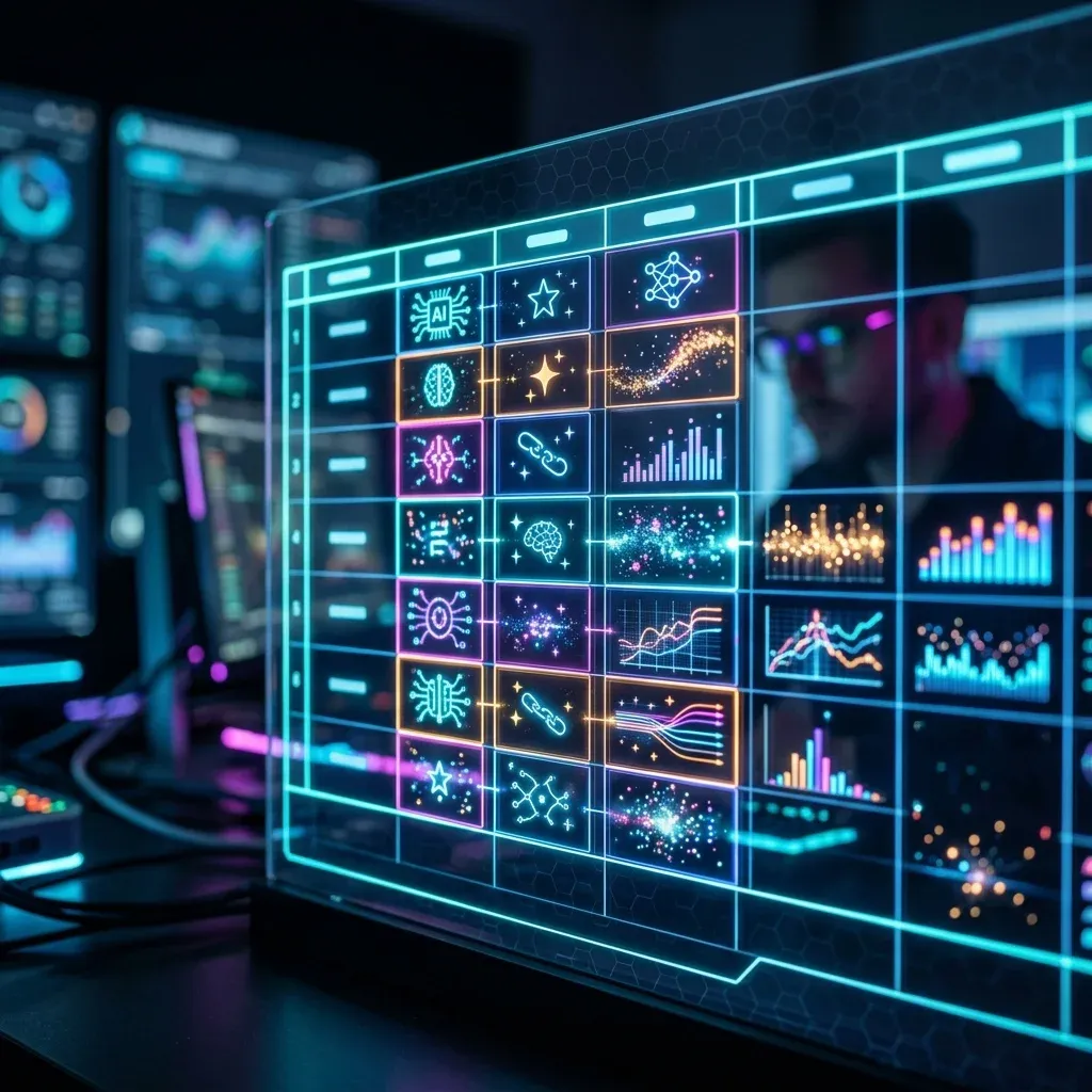 Visão de perto de uma planilha futurista com IA integrada nas células