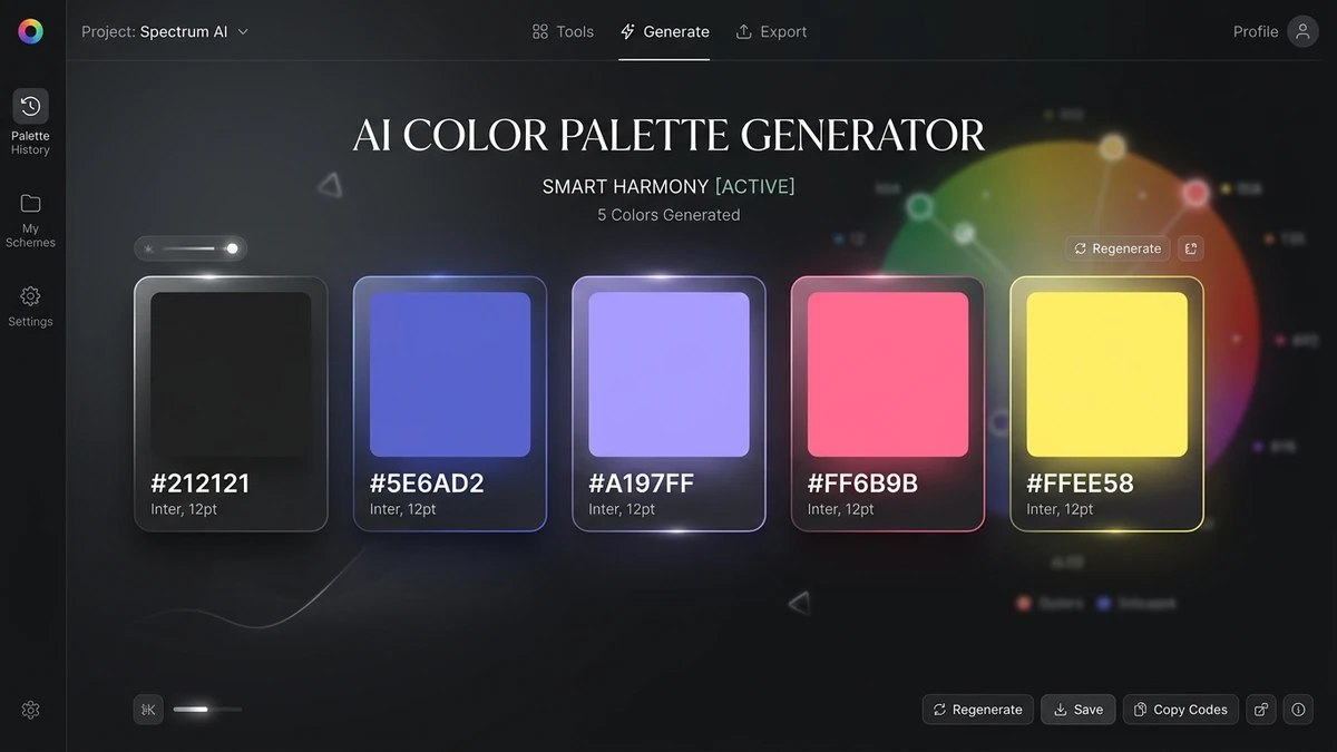 Interface de gerador de paleta de cores com IA mostrando 5 amostras harmônicas com códigos hexadecimais