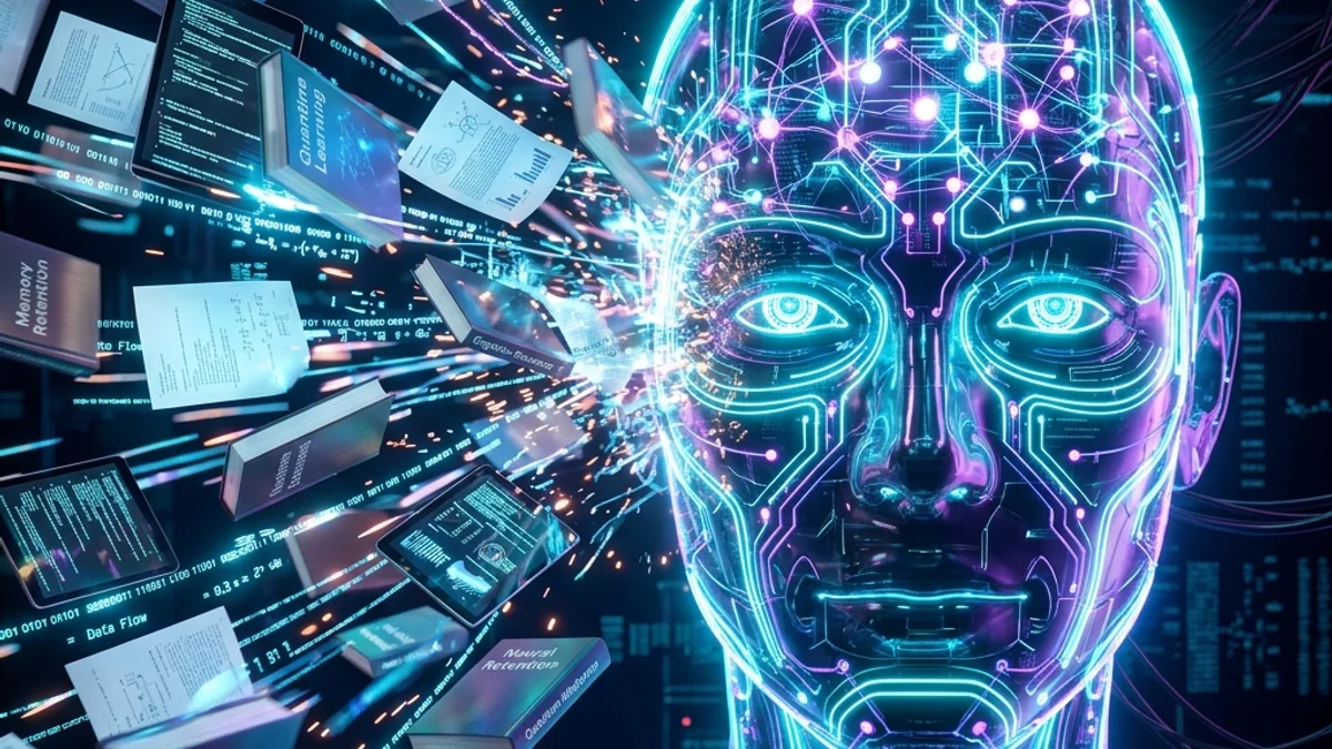 Ilustração de cérebro acelerado com circuitos integrando livros e dados de estudo em inteligência artificial