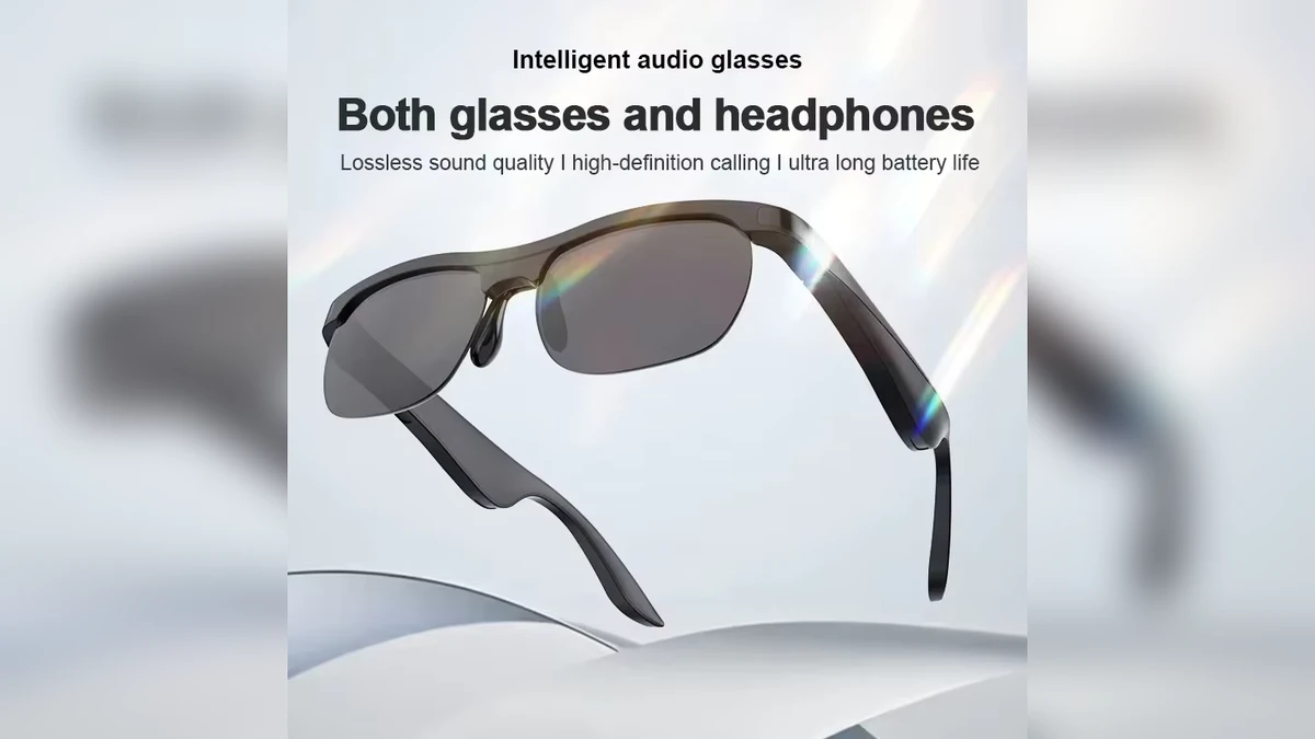 Design refinado dos óculos de sol Lenovo com acabamento preto fosco e hastes aerodinâmicas