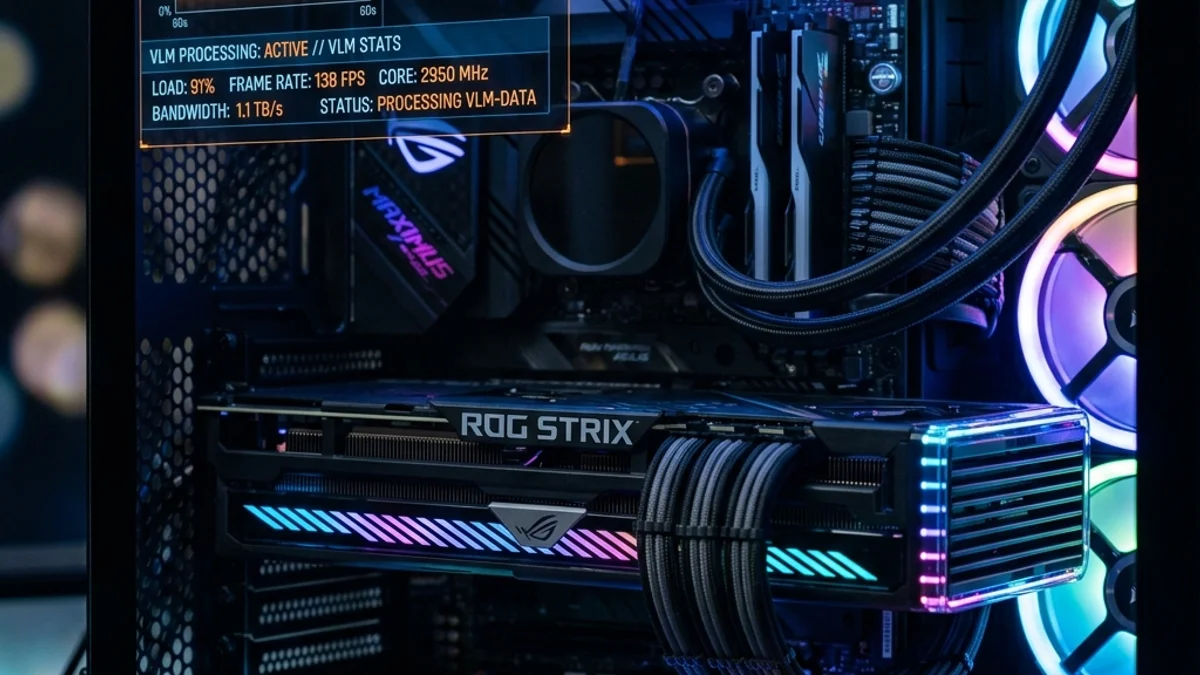 Foto de close-up de um computador de alta performance com placa de vídeo gamer brilhando com luzes led rgb