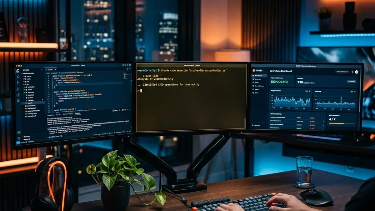 Workspace de desenvolvedor moderno mostrando Cursor IDE, Claude de terminal e interface Goose